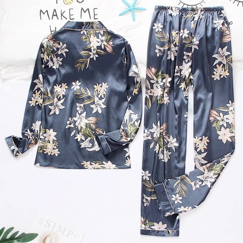 Spring Autumn Pajama Women Silk Satin Pajamas Set Long Sleeve Shirt with Trouser Sleepwear Loungewear Female Pajamas Suits Mujer