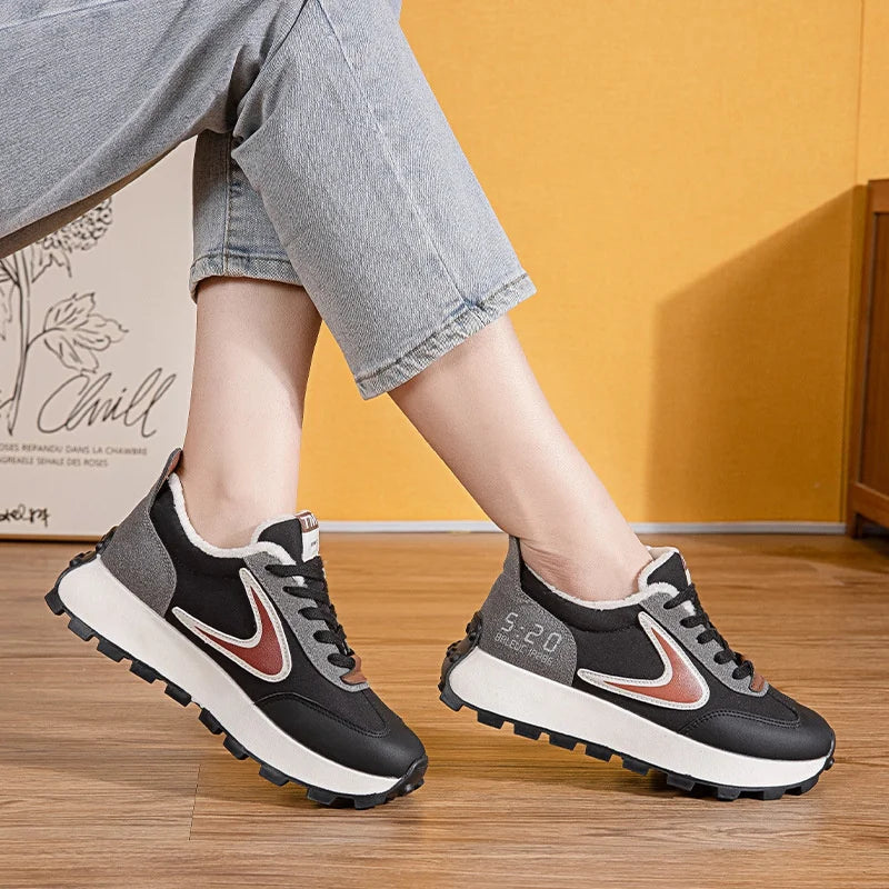 Autumn Winter Chunky Sneaker Women Retro Running Shoes Fashion Casual Fabric Breathable Height Increased Platform Shoes