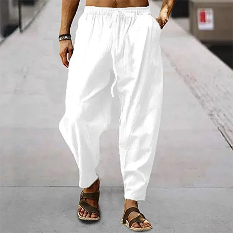 New Men's Cotton Linen Pants for Summer and Autumn - Solid High Waist Wide-Leg Trousers - Loose Hemp Casual Breathable Sports Pants