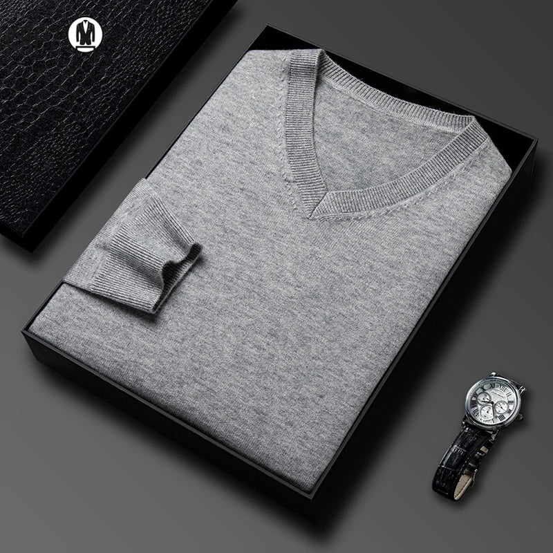 Men's V-Neck Basic Solid Color Sweatshirt Warm Autumn Knitted Oversize Pullover Elastic Round Neck Sweater for Casual Wear