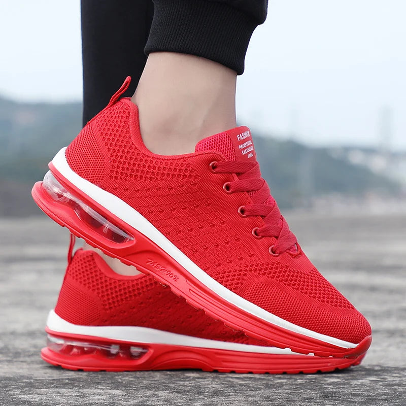 Red Affordable Running Shoes for Men and Women - Breathable Woven Air Cushion Sneakers in Sizes 35-46