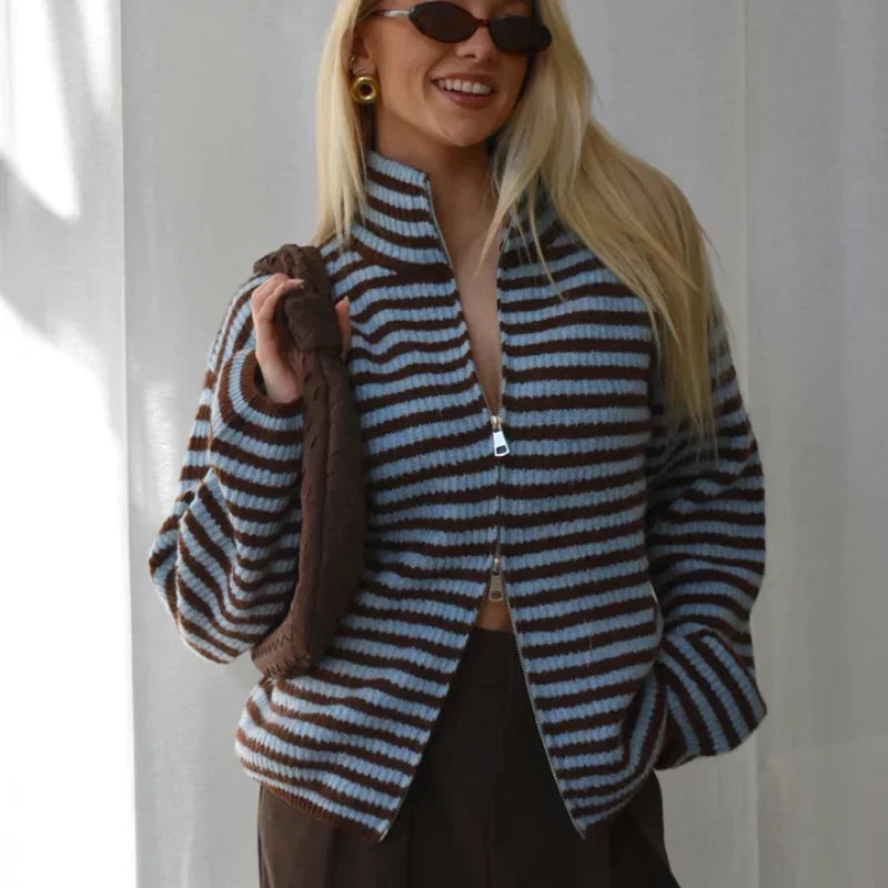 Women's Panelled Striped Zipper Knit Sweater Turtleneck Full Sleeve Coat 2026 Spring Autumn Female Casual Outings Daily Matching