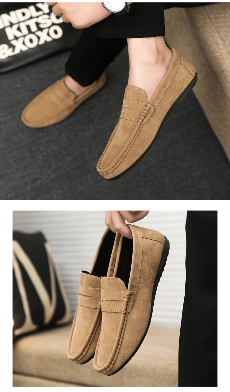 2025 Autumn Deer Leather Casual Men's Shoes Versatile Comfortable Work Shoes Driving Loafers Black, Grey, Khaki Three-Colour