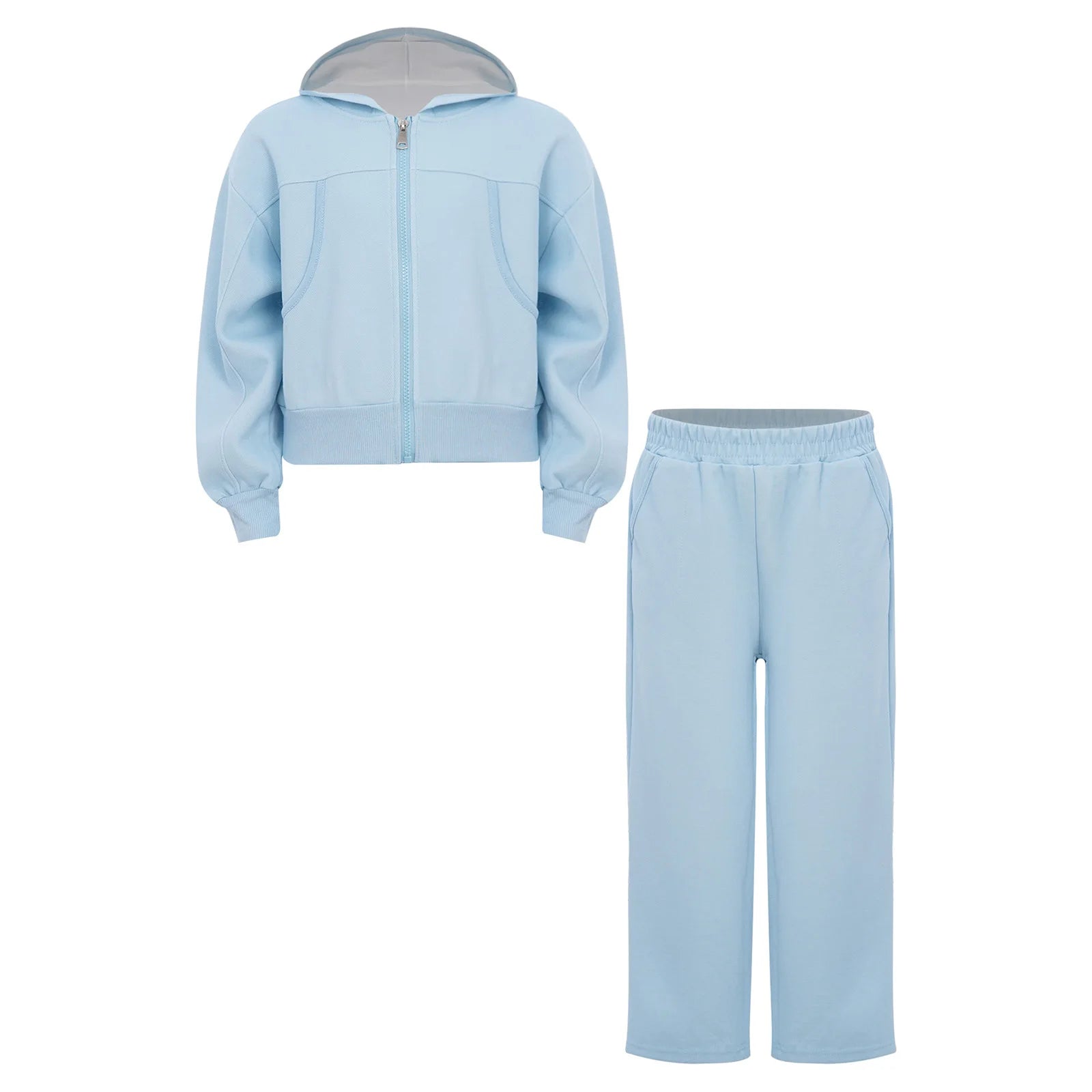 Children Girls Fashion Sports Set Long Sleeve Zipper Hooded Jacket with Pockets Wide-Leg Pants for Gym Workout Exercise Running