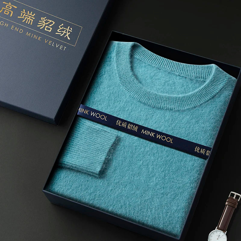 100% Pure Mink Cashmere Men's Round Neck Sweater for Autumn Winter, Casual Knitted Long Sleeved Pullover Sweater Men's Clothing