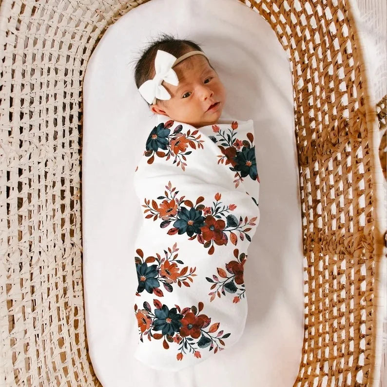 3pc Set Baby Swaddle Wrap for Newborns with Floral Headband