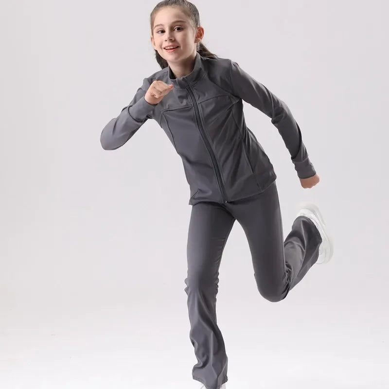 Kids' UV Protection Yoga Set European & American Style Long Sleeve Workout Outfit Breathable Solid Color Sportswear for Girls