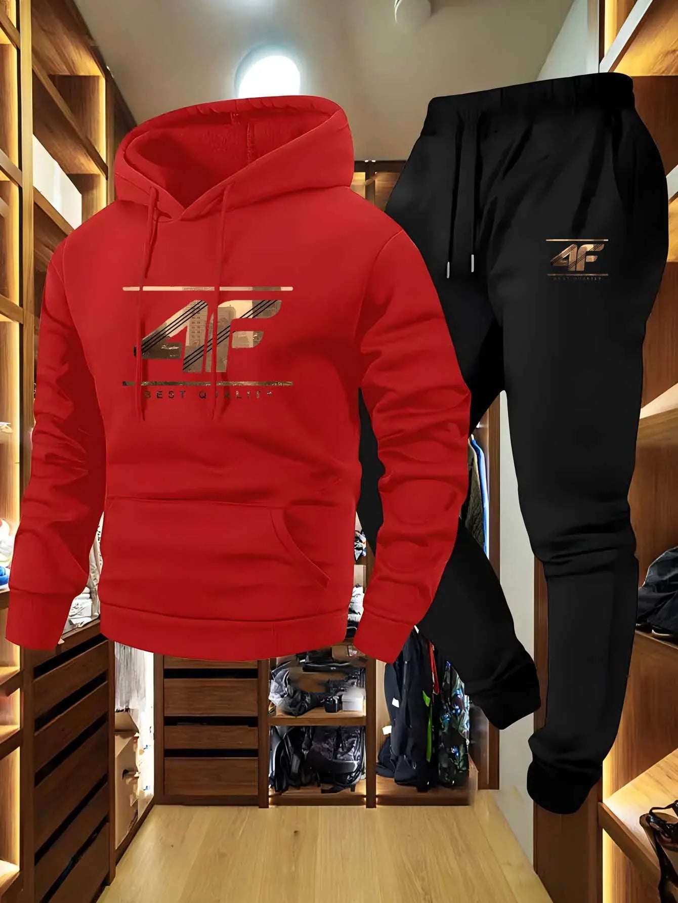 Men's Hoodie & Jogger Set with '4F' Print - Casual Sportswear Beige & Black Matching Tracksuit for Gym Lounge Outdoor