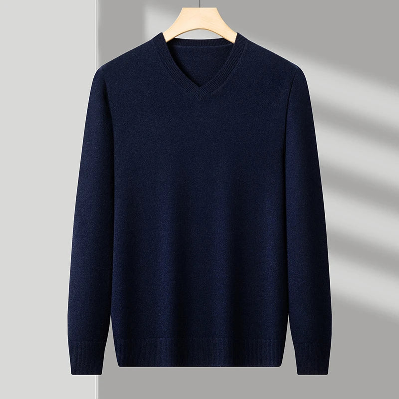 Men's V-Neck Basic Solid Color Sweatshirt Warm Autumn Knitted Oversize Pullover Elastic Round Neck Sweater for Casual Wear