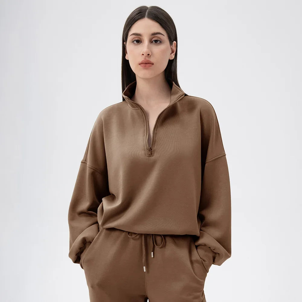 Women Autumn Winter Yoga Wear Sports Sweatshirt Modal Loose-Fit Casual Stand Collar Running Fitness Top & Pants Breathable Soft