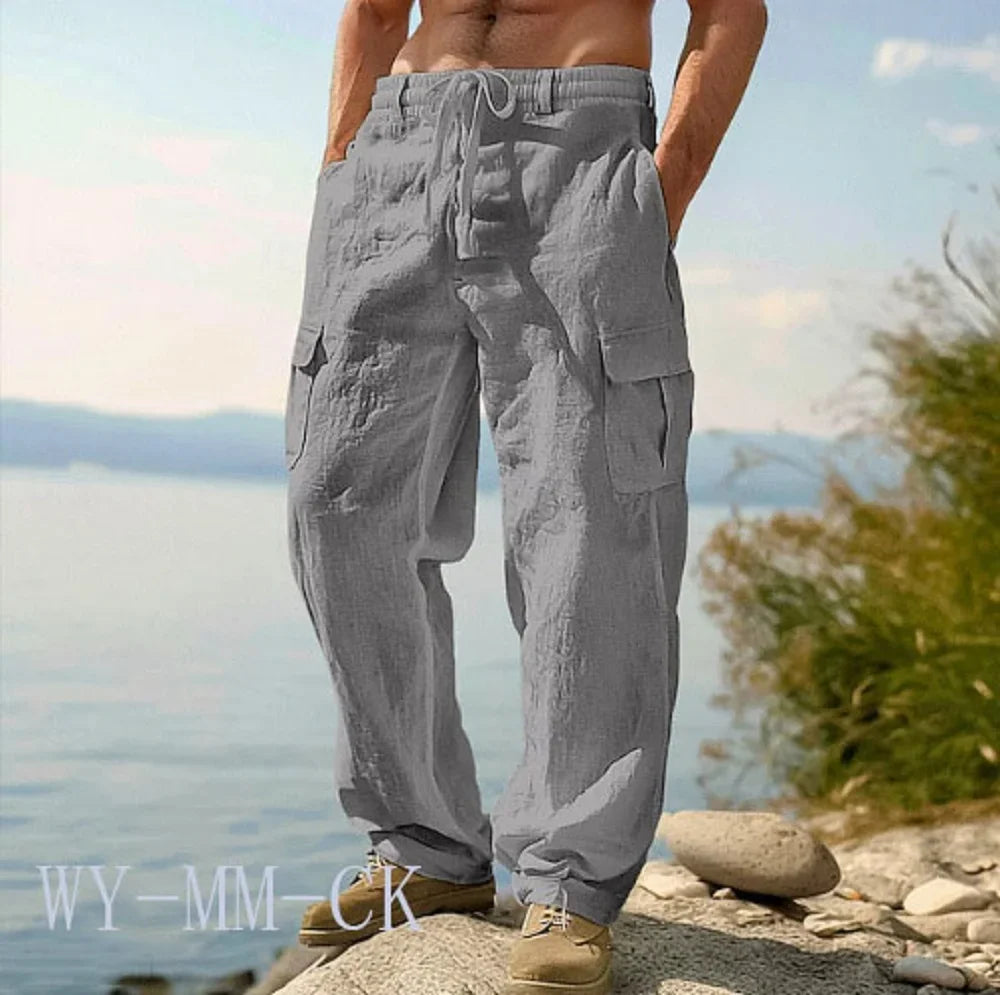 2026 European and American Men's Cotton and Linen Trousers Multi-pocket Work Pants Loose Straight Sportswear and Casual Trousers