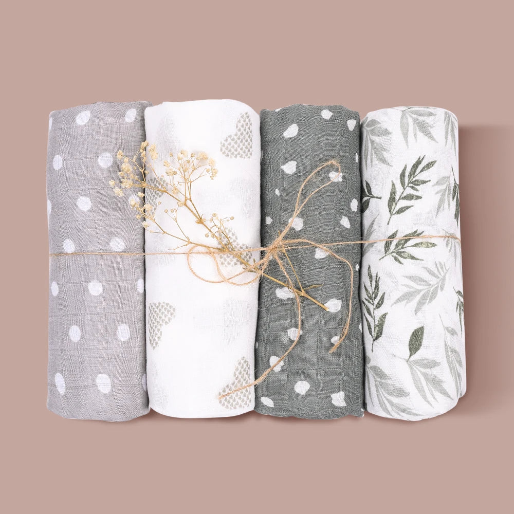 Elinfant 100% Cotton 4PCS Muslin Swaddle Blankets,120*110cm Bamboo Cotton Newborn Baby Bath Towel Wrap