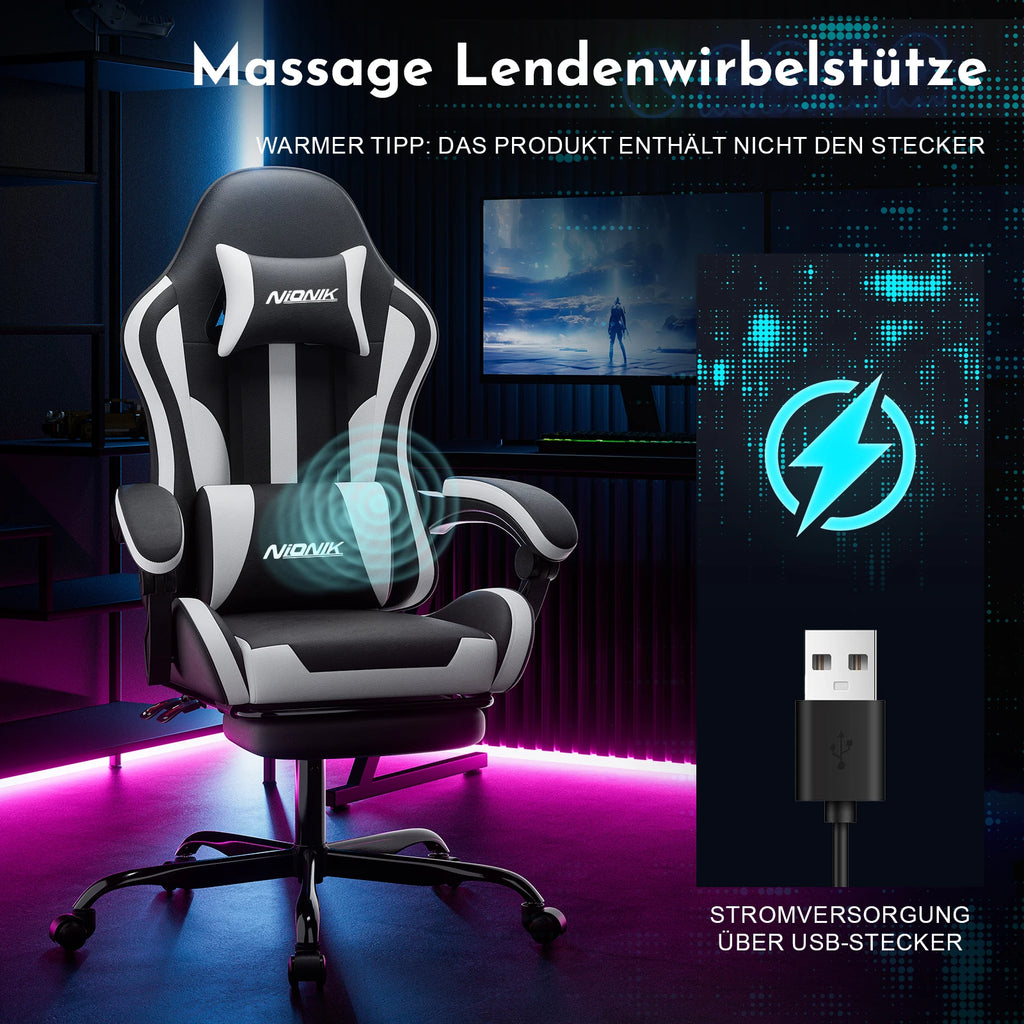 Gaming Chair with Massage Ergonomic Desk Chair Footrest Headrest Rotatable Chair for Office and Gamers