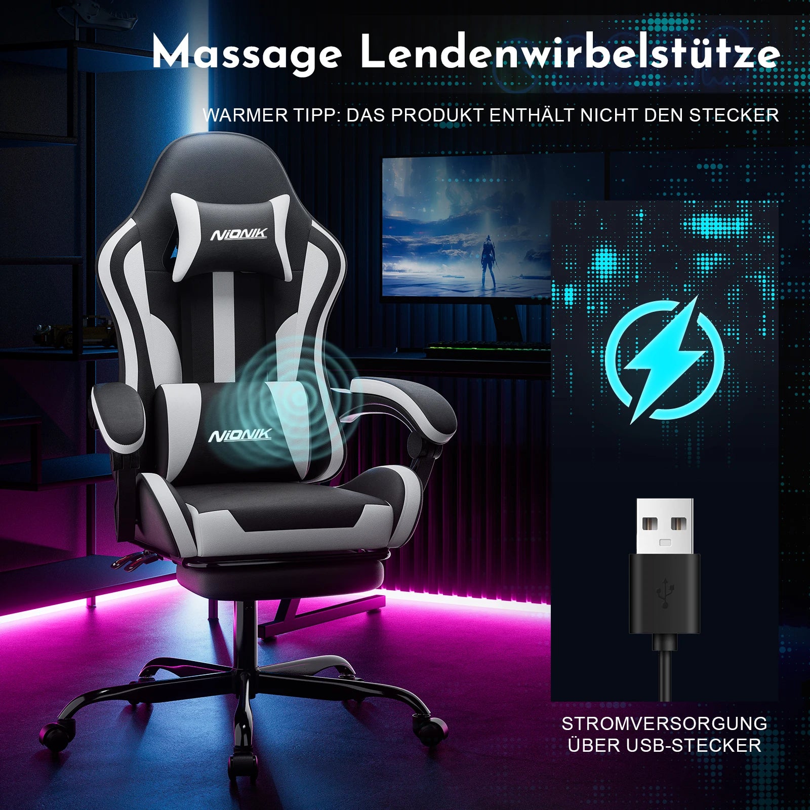 Gaming Chair with Massage Ergonomic Desk Chair Footrest Headrest Rotatable Chair for Office and Gamers