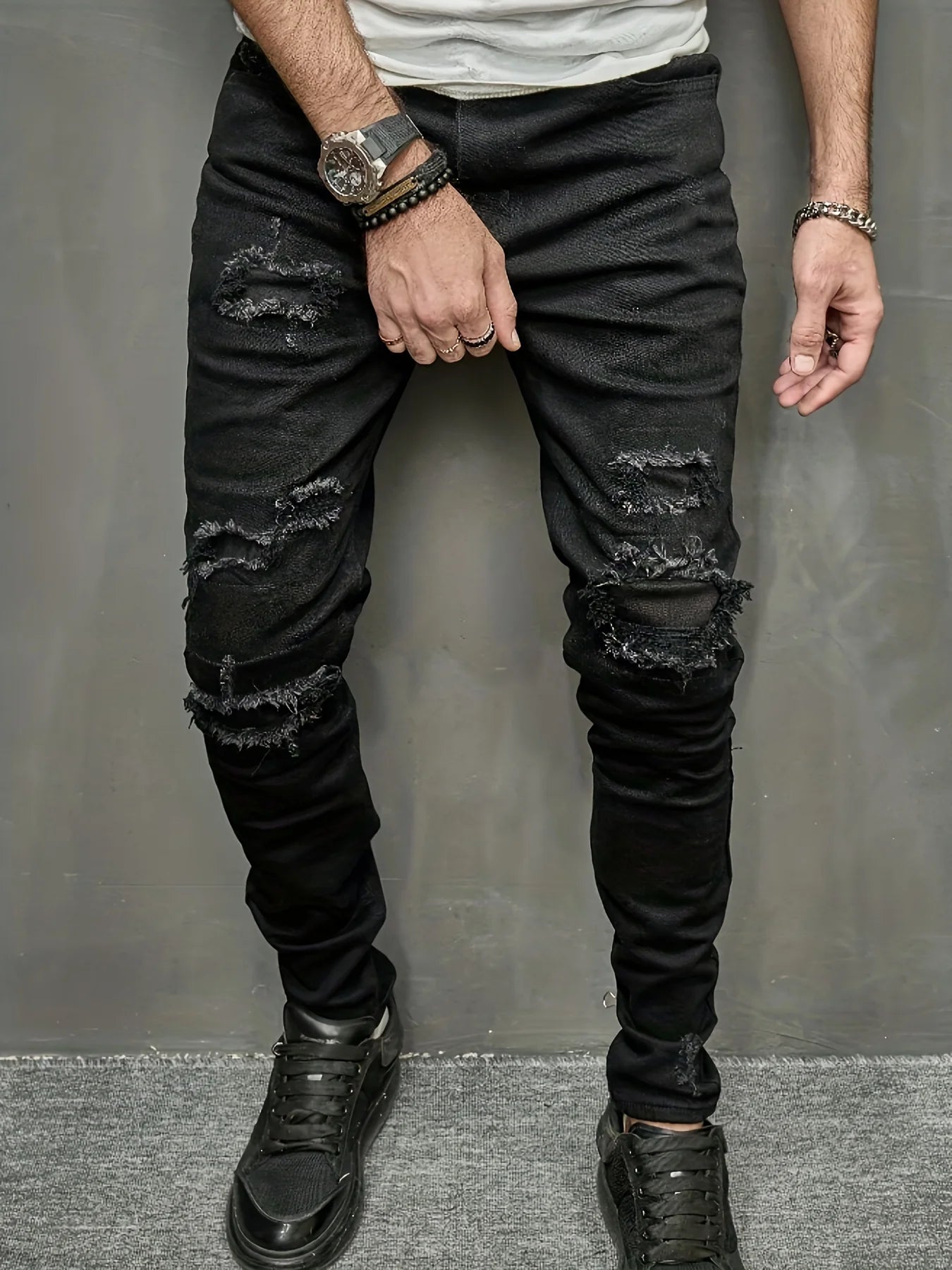 Men's Slim Fit Jeans with Torn Holes and Fabric Patch