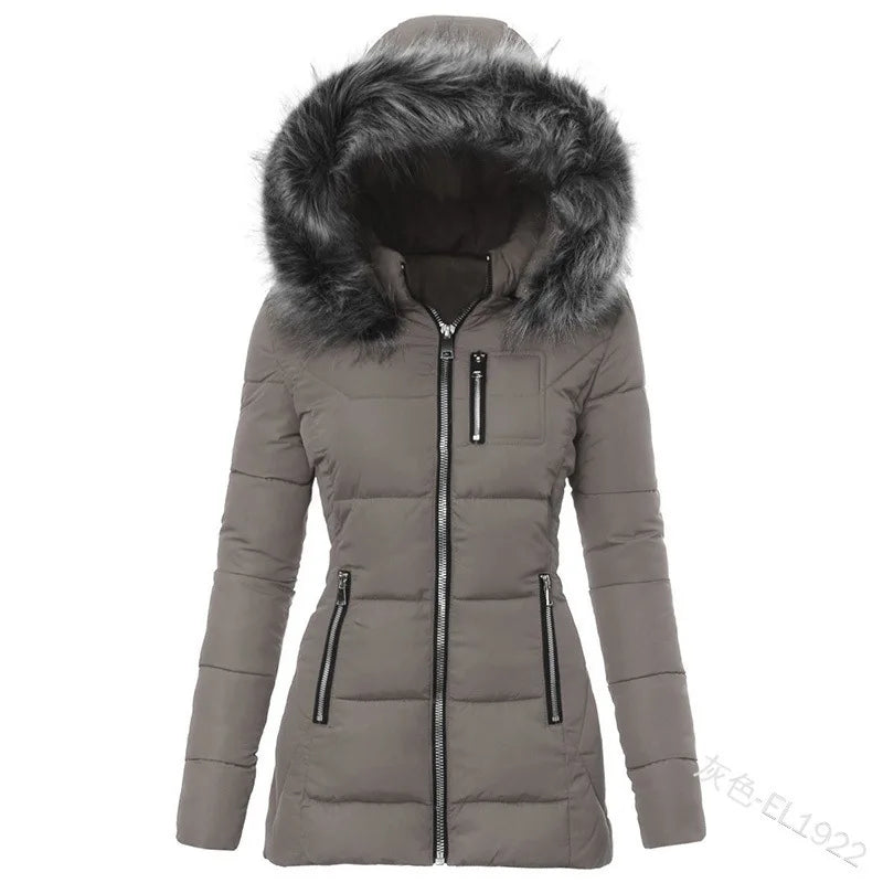 Women's Parkas Jacket Cotton Coat Winter Thick Fur Collar Hooded Windproof Padded Jackets Outerwear Zipper Overcoat Office Lady