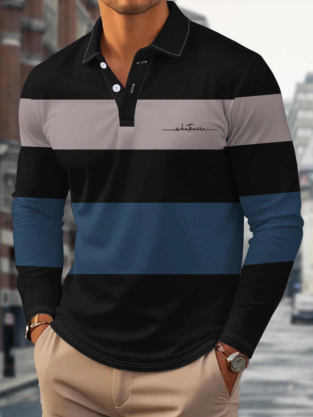 Men's Long-Sleeved POLO Shirt for Spring and Autumn 2025 with Street Fashion Comfort and 3D Striped Printing