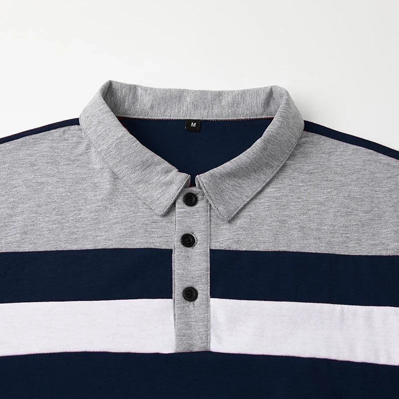Men's Long Sleeve Casual Cotton Patchwork Collared Shirt Autumn Striped Pullover Streetwear Golf Button Polo Shirts