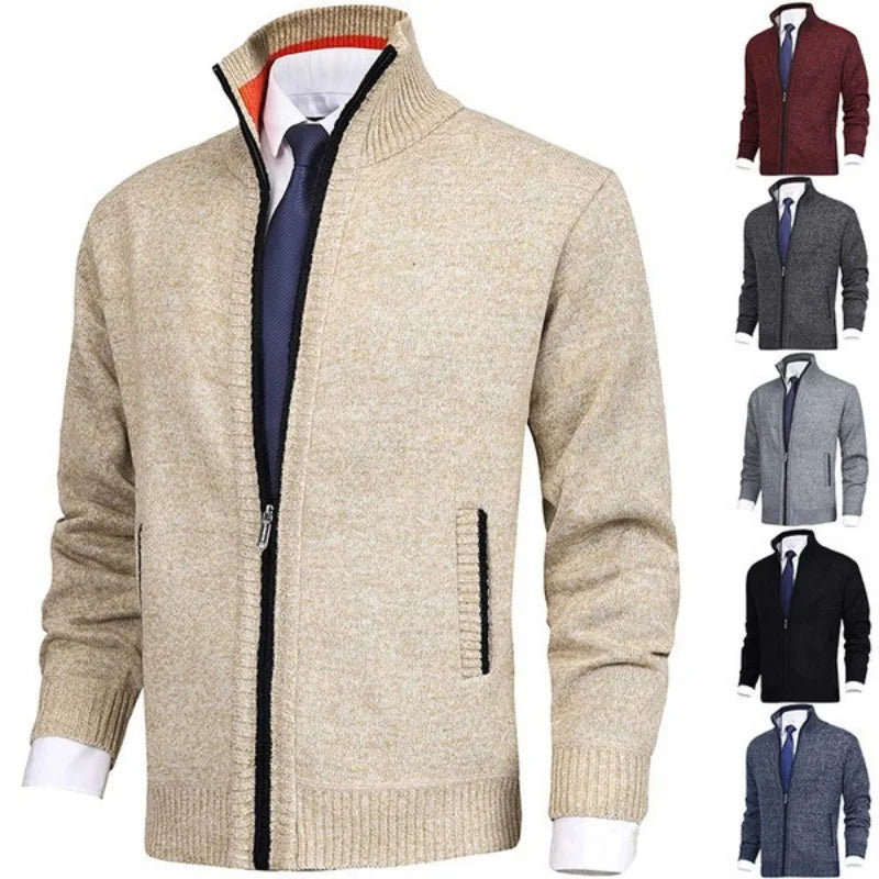 2026 New Men's Solid Color Stand Collar Fashion Cardigan Sweater Knitted Jacket