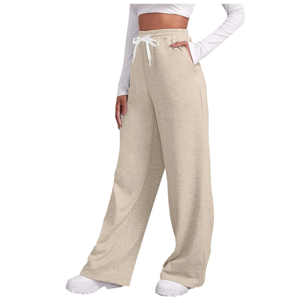 Women New Elastic Waist Pants with Side Pockets Fleece Lined Thick Wide Leg Sweatpants Pure Color Straight Cut