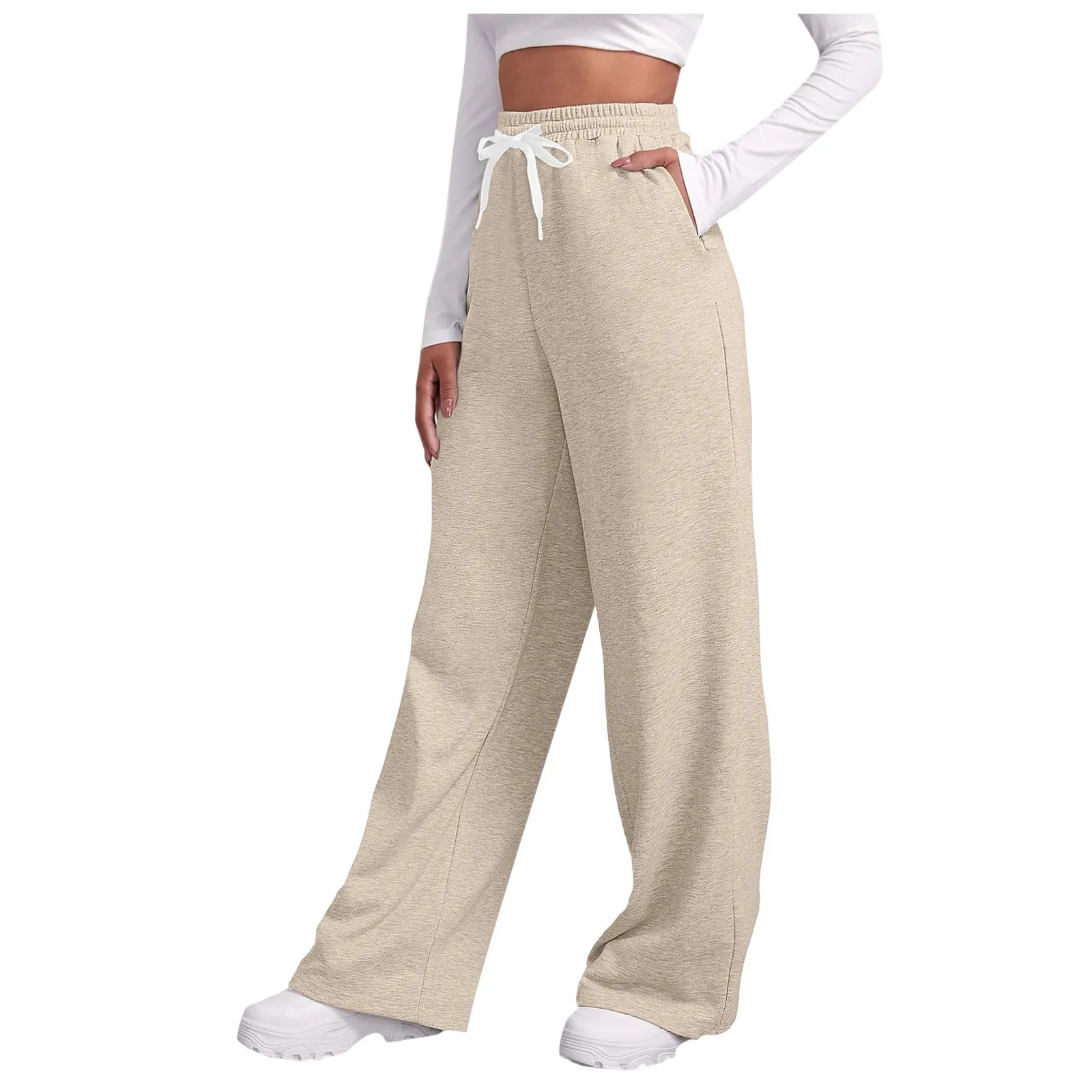 Women New Elastic Waist Pants with Side Pockets Fleece Lined Thick Wide Leg Sweatpants Pure Color Straight Cut