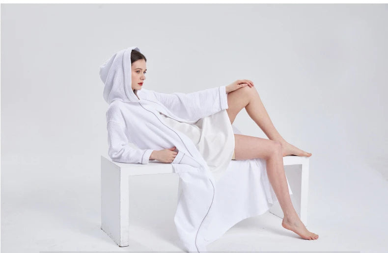 Pure Cotton Waffle Hooded Hotel SPA Robe for Men and Women - Quick Drying, Absorbent Kimono Yukata Sleepwear, Homewear, Casual Soft Bathrobe
