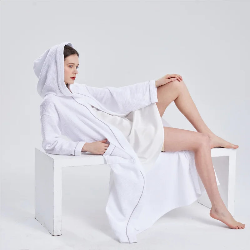 Pure Cotton Waffle Hooded Hotel SPA Robe for Men and Women - Quick Drying, Absorbent Kimono Yukata Sleepwear, Homewear, Casual Soft Bathrobe