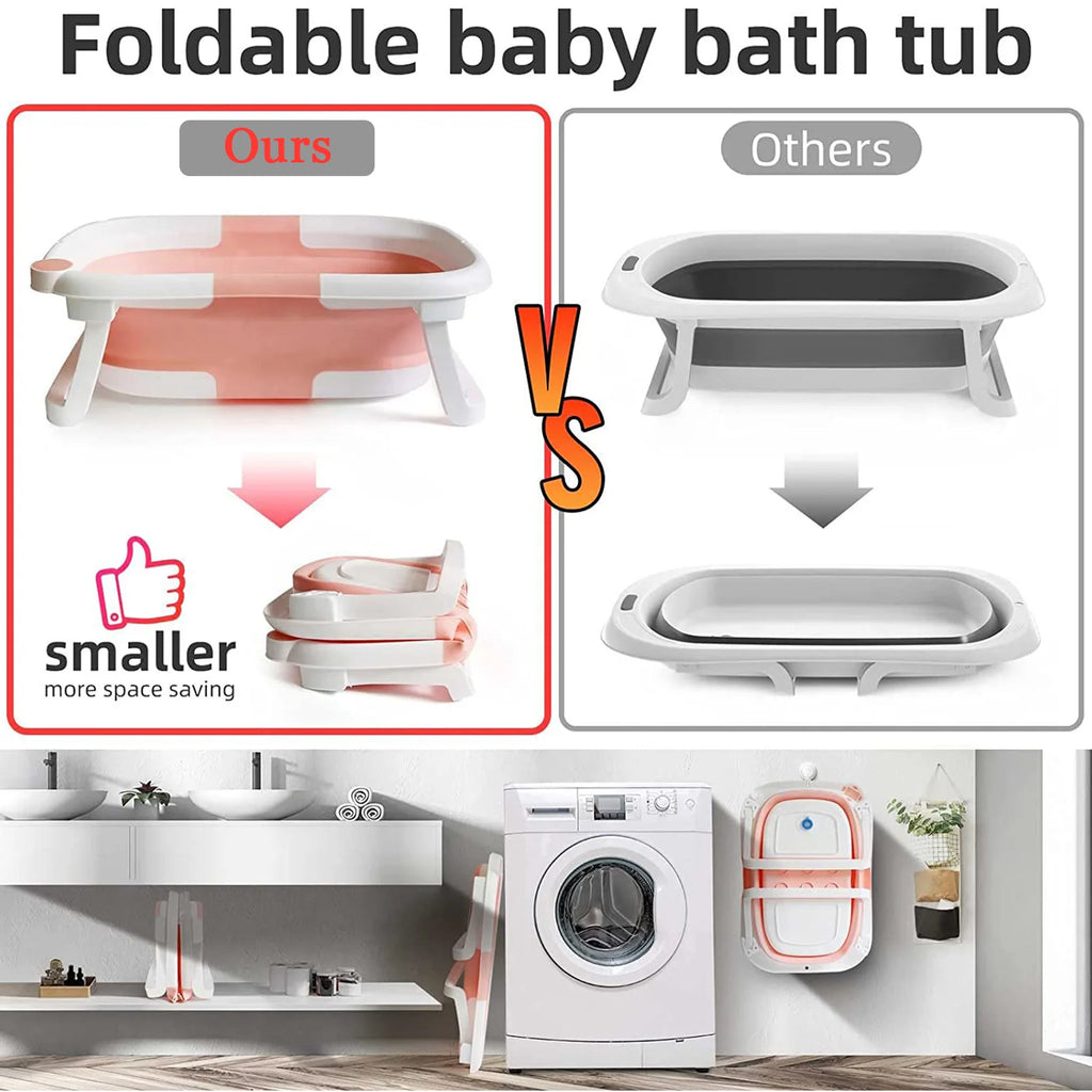 Foldable Baby Bath Tub with Bath Cushion for Infants and Toddlers - Thermometer, Non-Slip, Collapsible, Perfect from Newborn to Toddler