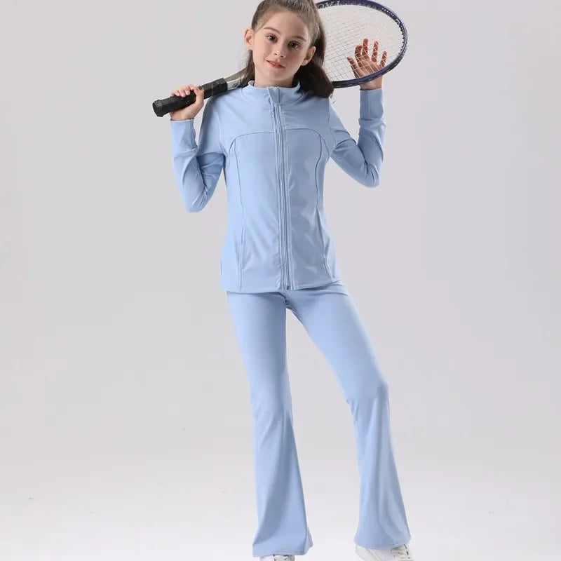 Kids' UV Protection Yoga Set European & American Style Long Sleeve Workout Outfit Breathable Solid Color Sportswear for Girls