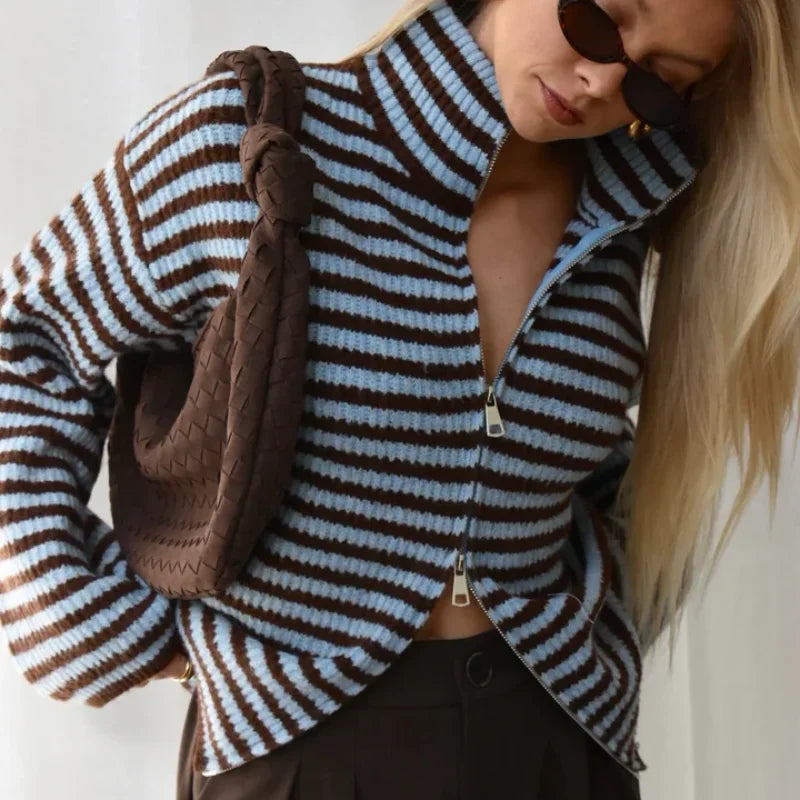 Women's Panelled Striped Zipper Knit Sweater Turtleneck Full Sleeve Coat 2026 Spring Autumn Female Casual Outings Daily Matching