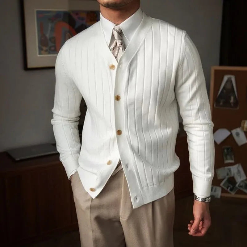 Autumn Winter Men's Business Casual V Neck Cardigan Solid Color Knit Sweatercoat Male Slim Fit Long Sleeve Knitted Sweater Tops