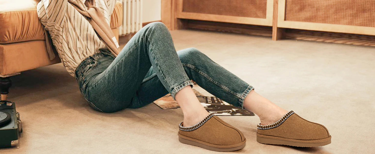 Comwarm Winter Women's Fuzzy Slippers Genuine Suede Indoor Outdoor Fluffy House Slippers Slip On Warm Memory Foam Furry Shoes