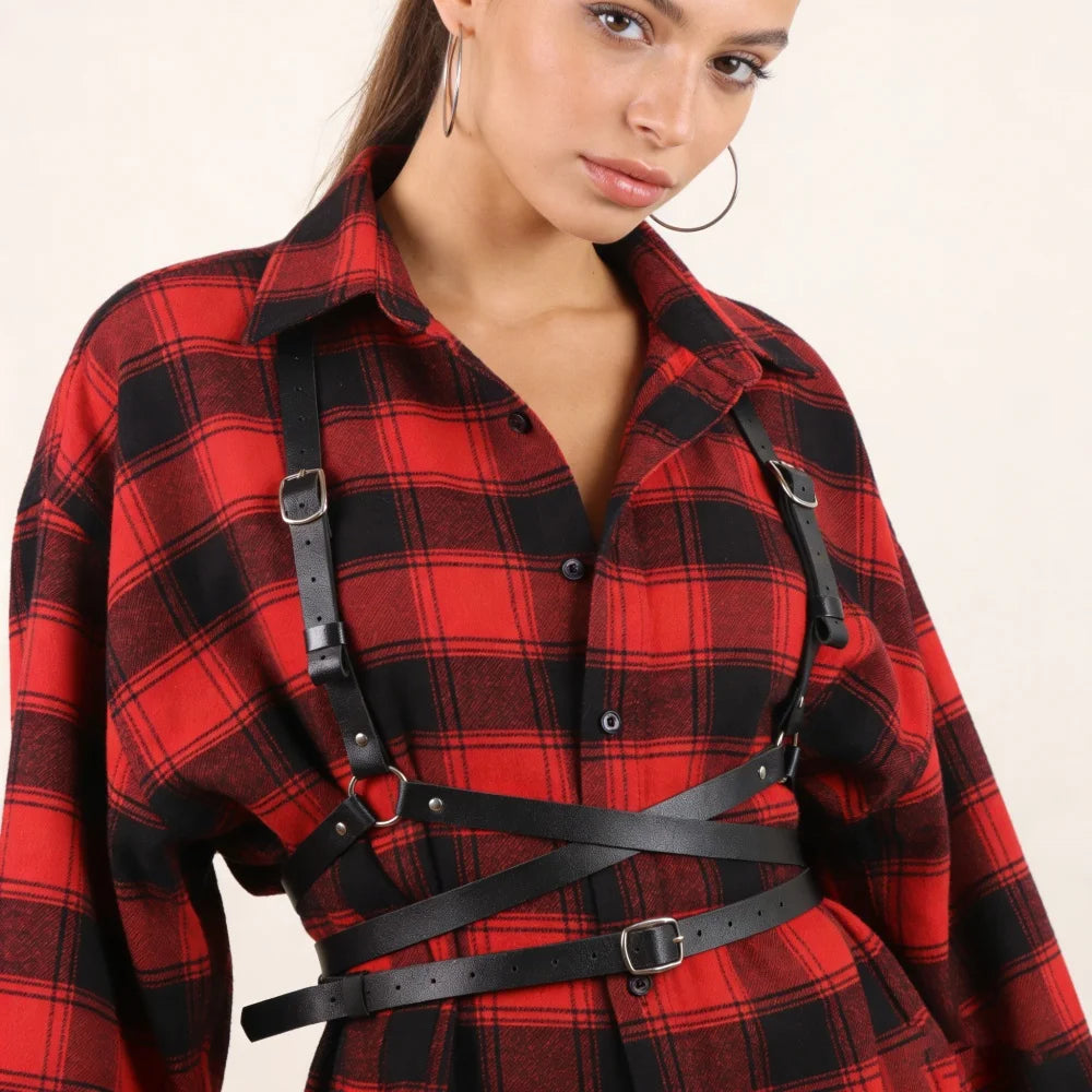 Edgy E-Girl Black/White Harness Belt Multi-Ring Metal Buckle Techwear Statement Belt for Party Styling