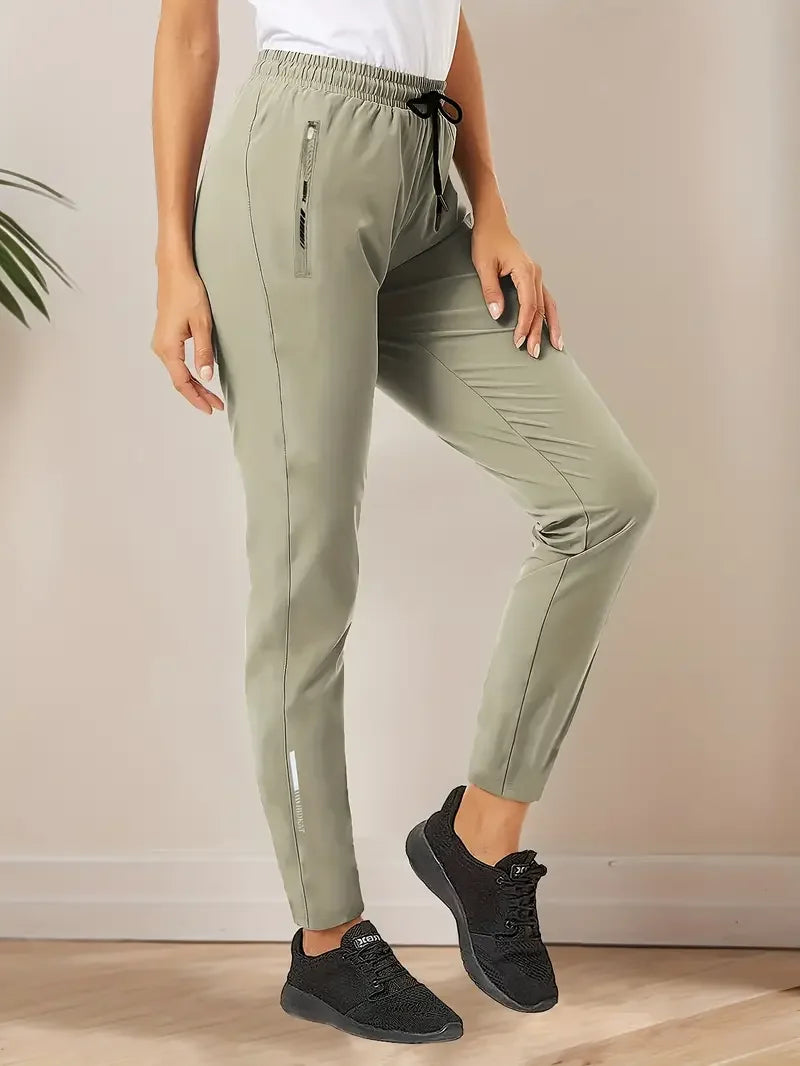 Women's High-Elasticity Ice Silky Fiber Casual Pants Quick-Dry with Zipper Pockets Adjustable Drawstring Waist Lightweight