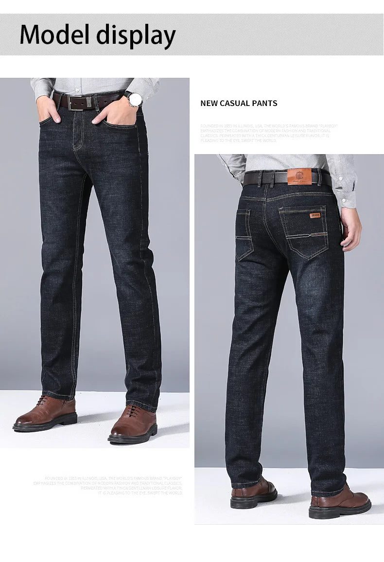 Men's Soft Straight Denim Pants 2025 Autumn Classic Business Black Biker Jeans Overalls