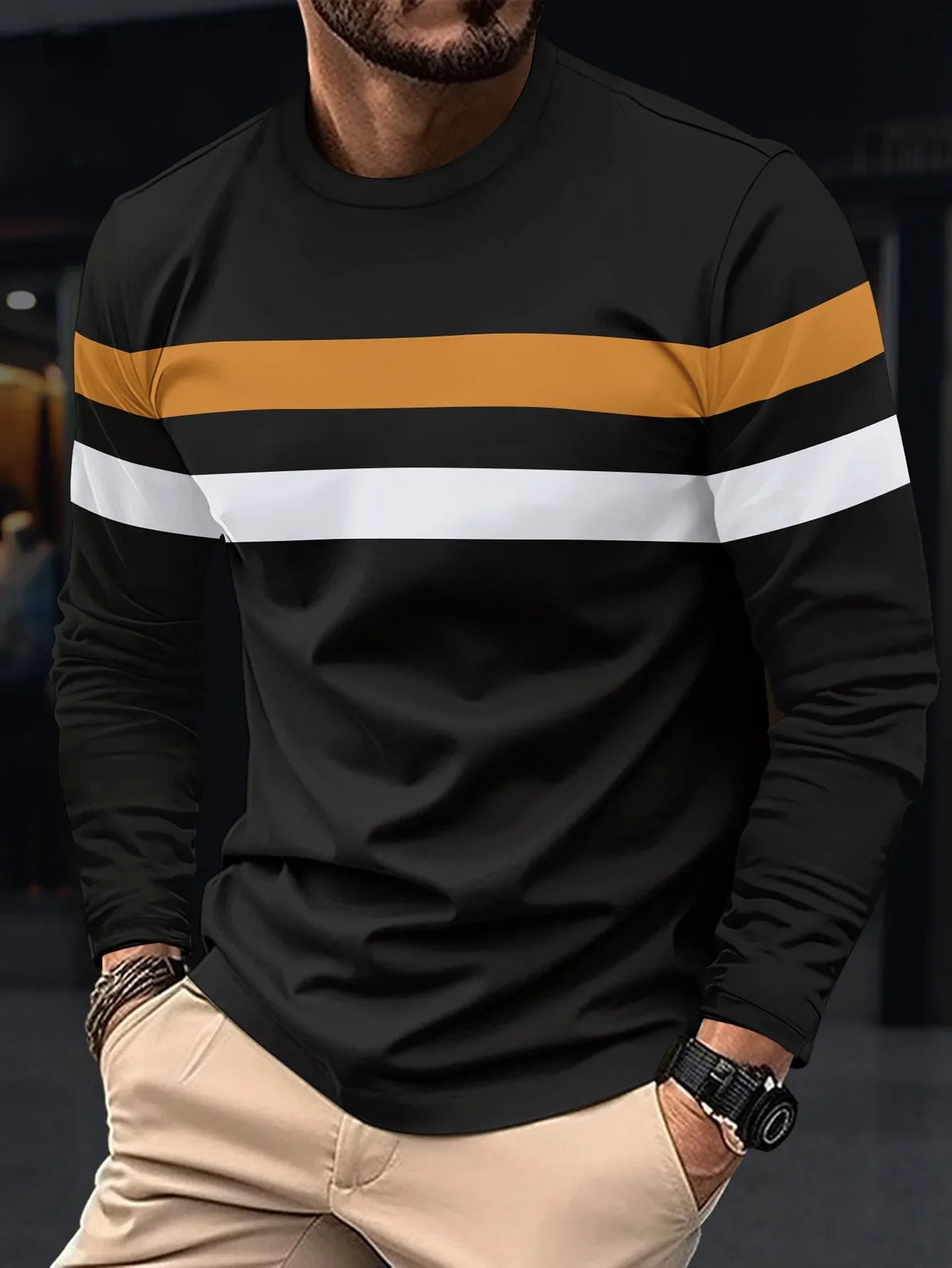 2025 Autumn/Winter Fashion Men's Long Sleeve Round Neck Splicing T-shirt Business Anti-Wrinkle Street Wear Casual Top