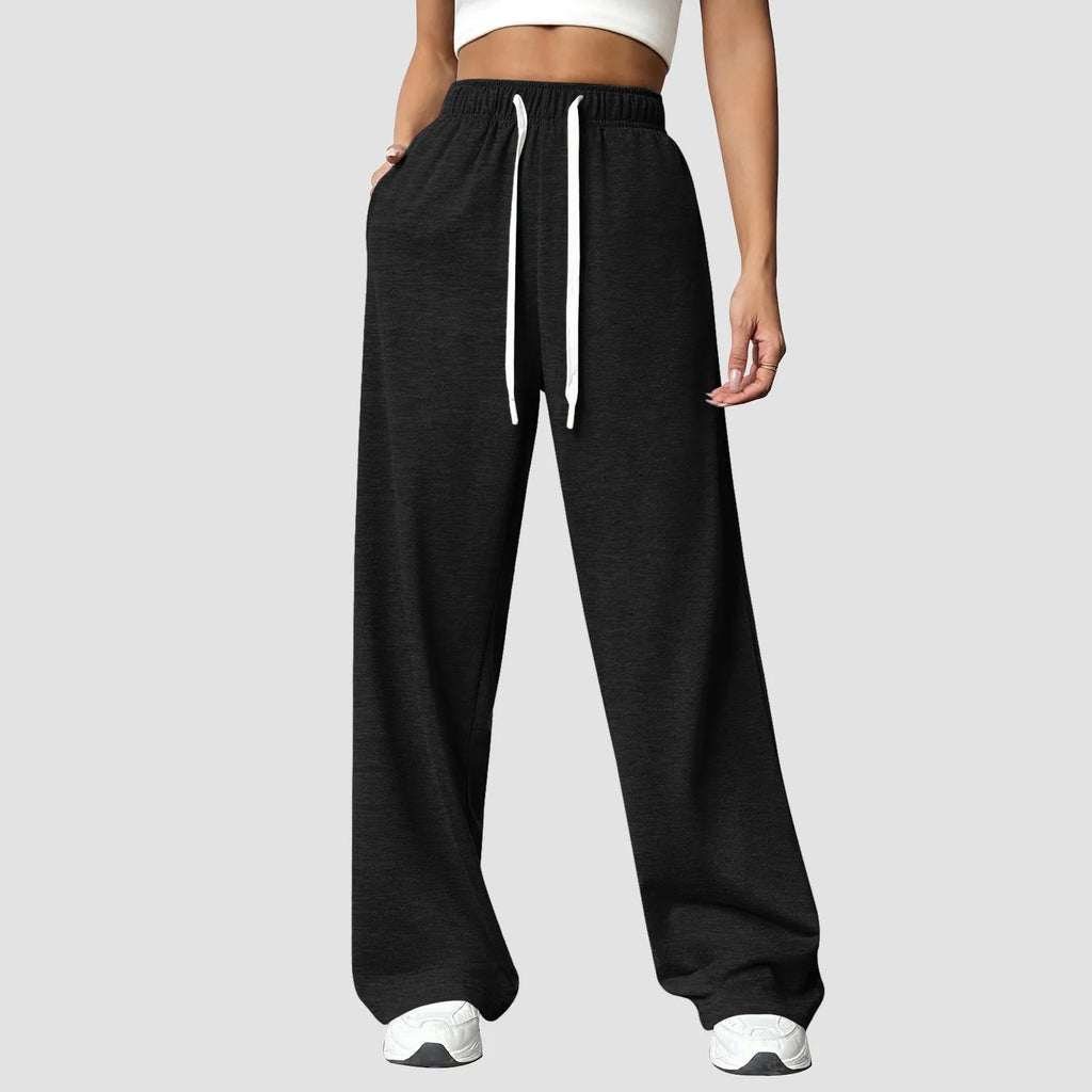Women New Elastic Waist Pants with Side Pockets Fleece Lined Thick Wide Leg Sweatpants Pure Color Straight Cut