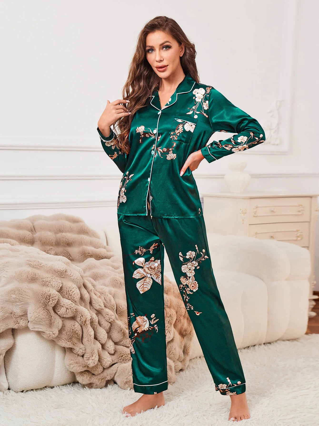 Floral Print Contrast Piping Satin Pajama Set, Women's Sleepwear & Loungewear Button Up Lapel Top & Pants PJ Set