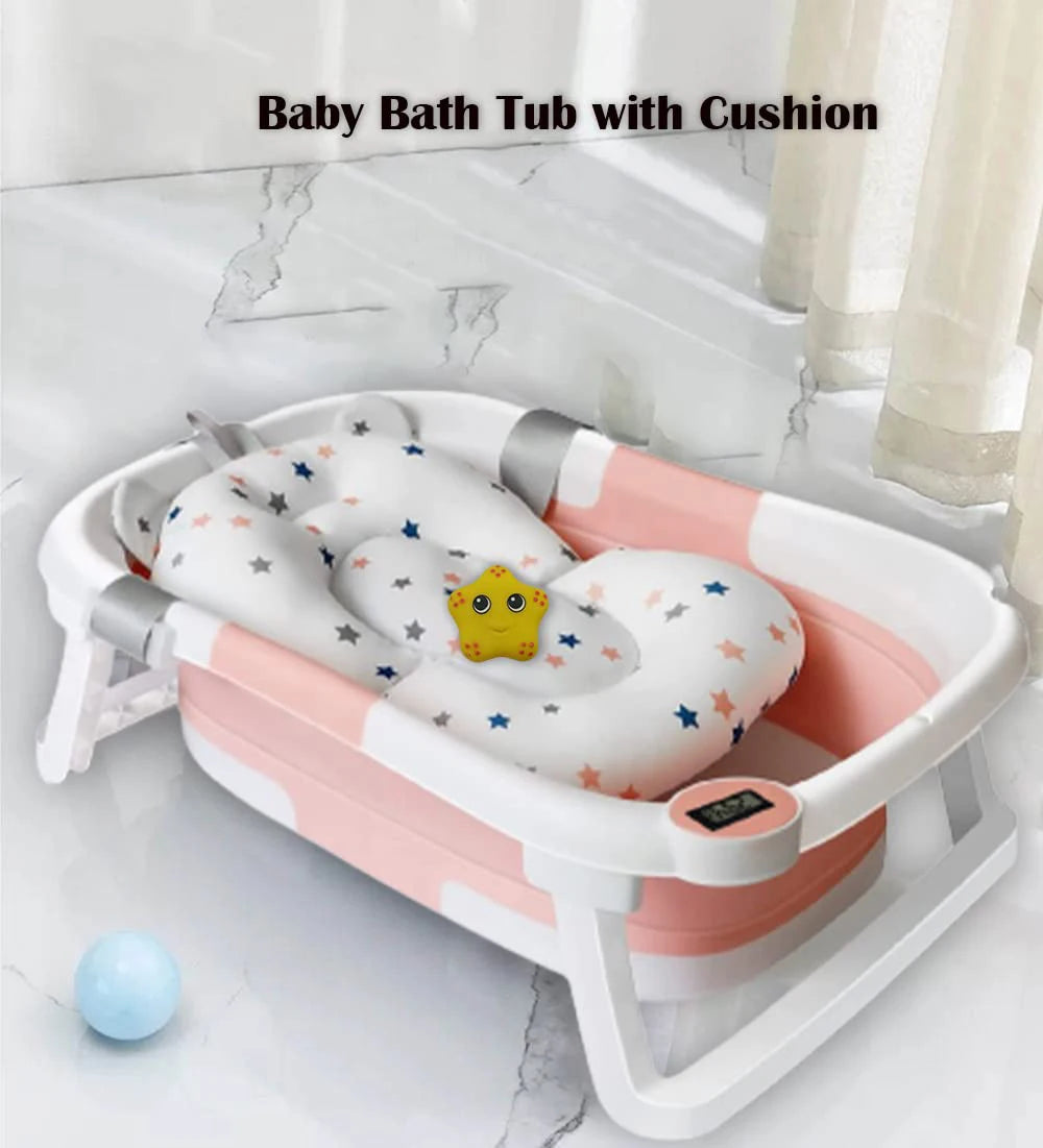 Foldable Baby Bath Tub with Bath Cushion for Infants and Toddlers - Thermometer, Non-Slip, Collapsible, Perfect from Newborn to Toddler