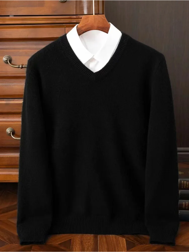2025 Men's 100% Merino Wool Cashmere V-neck Sweater Pullover Smart Casual Basic Long Sleeve Knitwear Clothes Tops Autumn Winter