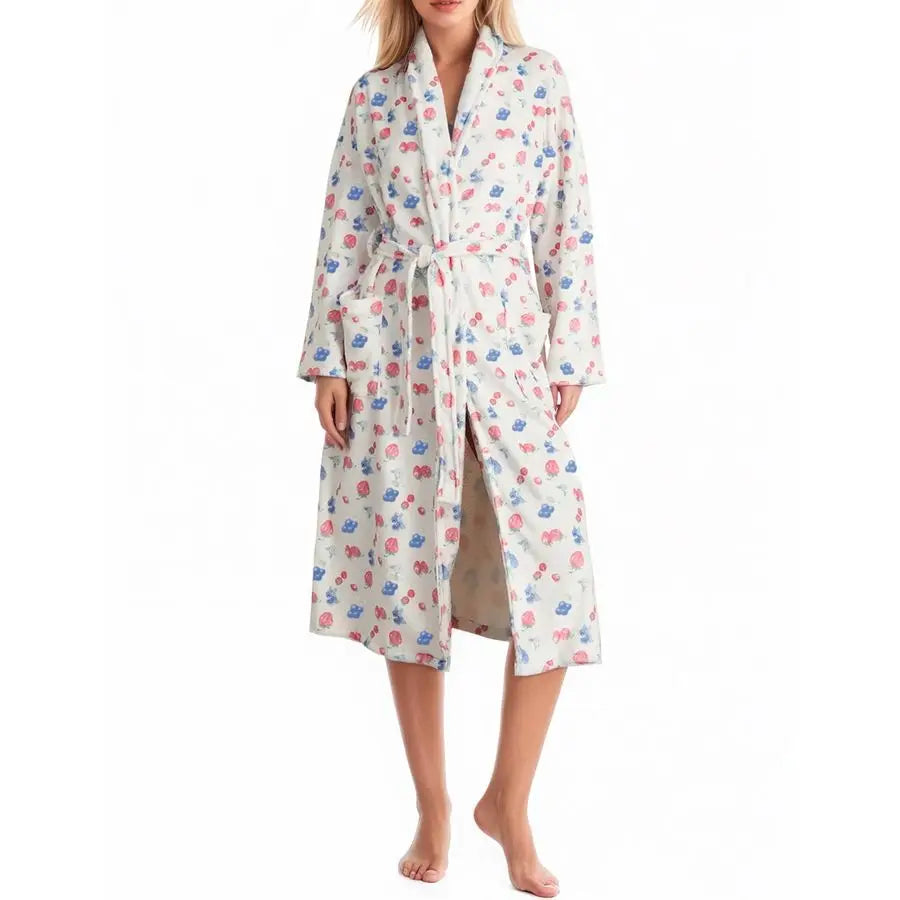 Fleece Floral Fruit Print Bathrobe Valentine Robe Soft Flannel Lounge Robe Cute Lightweight Gown with Belt
