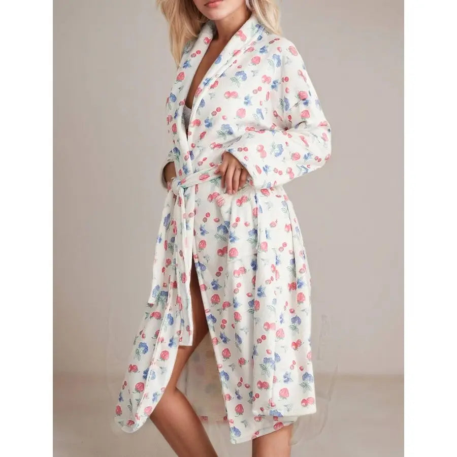 Fleece Floral Fruit Print Bathrobe Valentine Robe Soft Flannel Lounge Robe Cute Lightweight Gown with Belt