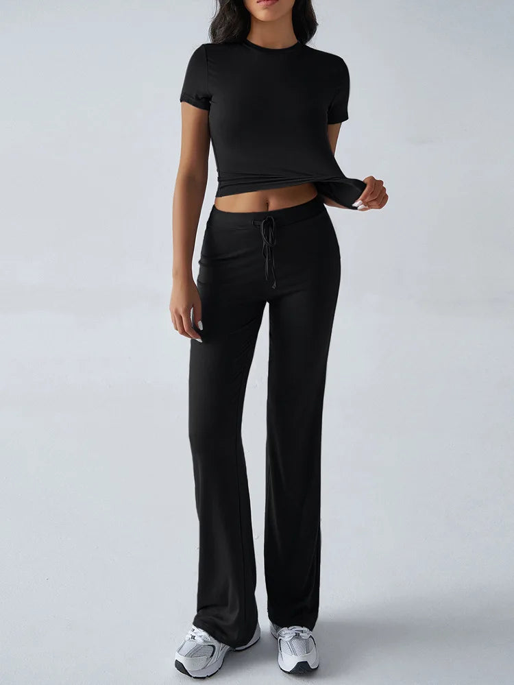 Women's Casual Lounge Set - Short Sleeve Top & Pants Two Piece, Home Wear Yoga Outfit