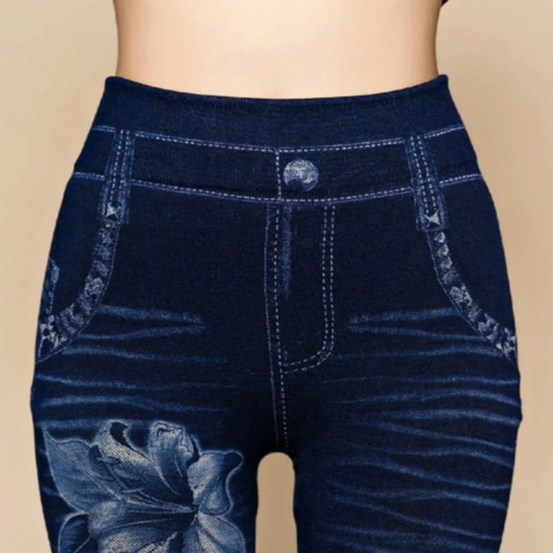 Women Sexy Casual Hollow Out Leggings Floral Print Yoga Pants Denim Pencil Fitness Elastic Ladies Hole Pants