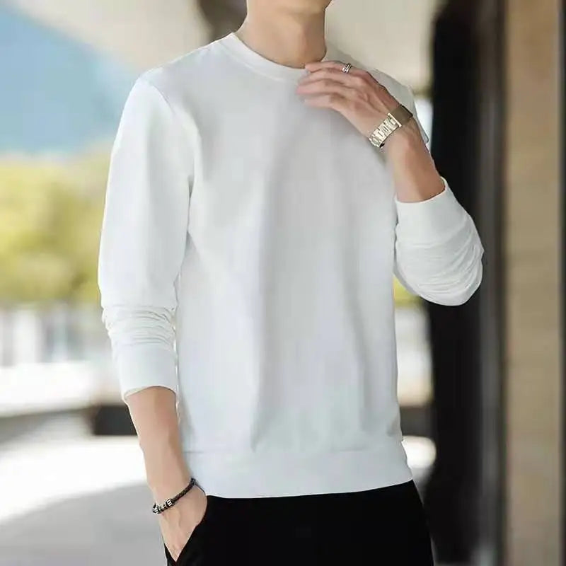 Men's Casual Loose Long Sleeve Shirt Spring Autumn O-Neck Solid Color Long Sleeve T-shirts New Male Clothes Black White