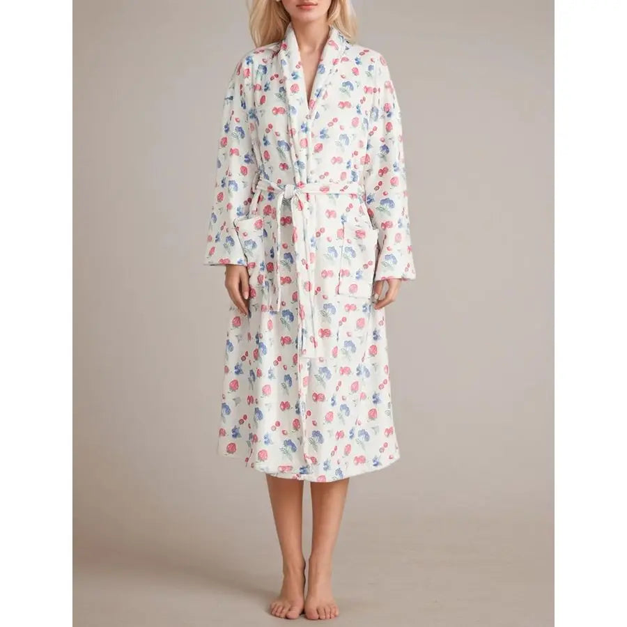 Fleece Floral Fruit Print Bathrobe Valentine Robe Soft Flannel Lounge Robe Cute Lightweight Gown with Belt