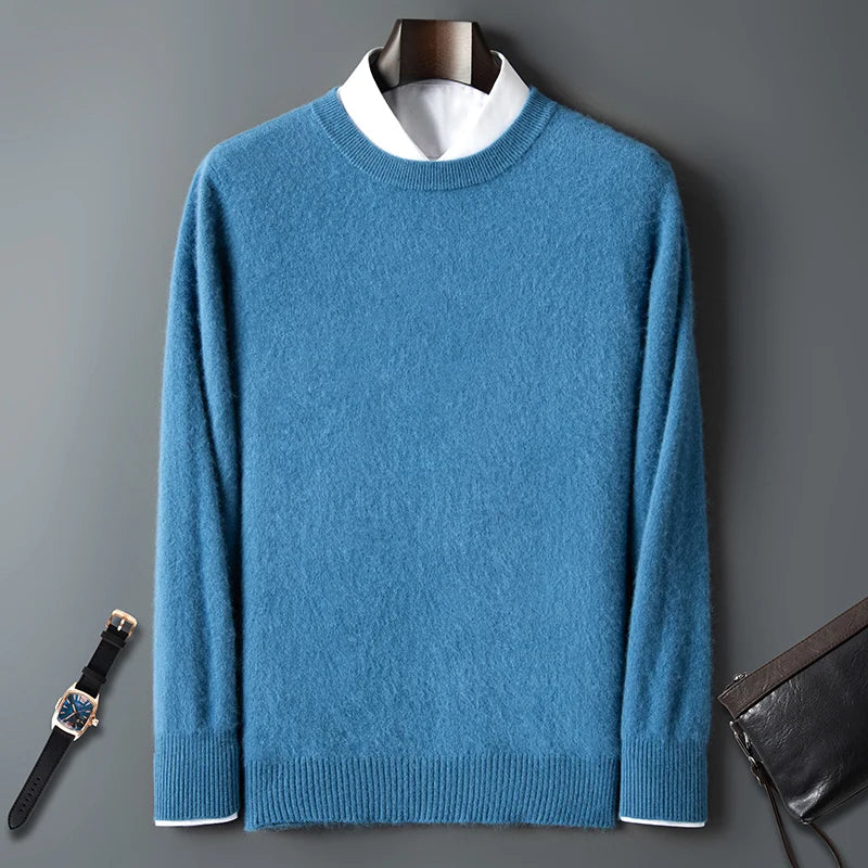 100% Pure Mink Cashmere Men's Round Neck Sweater for Autumn Winter, Casual Knitted Long Sleeved Pullover Sweater Men's Clothing