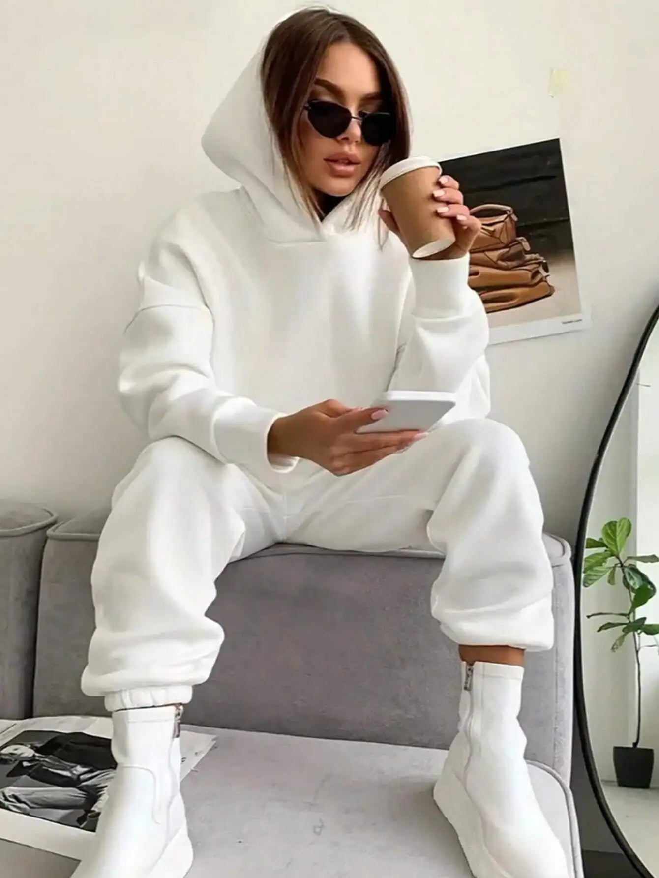 Women's White Casual Hooded Sweatshirt and Jogger Pants Matching Set