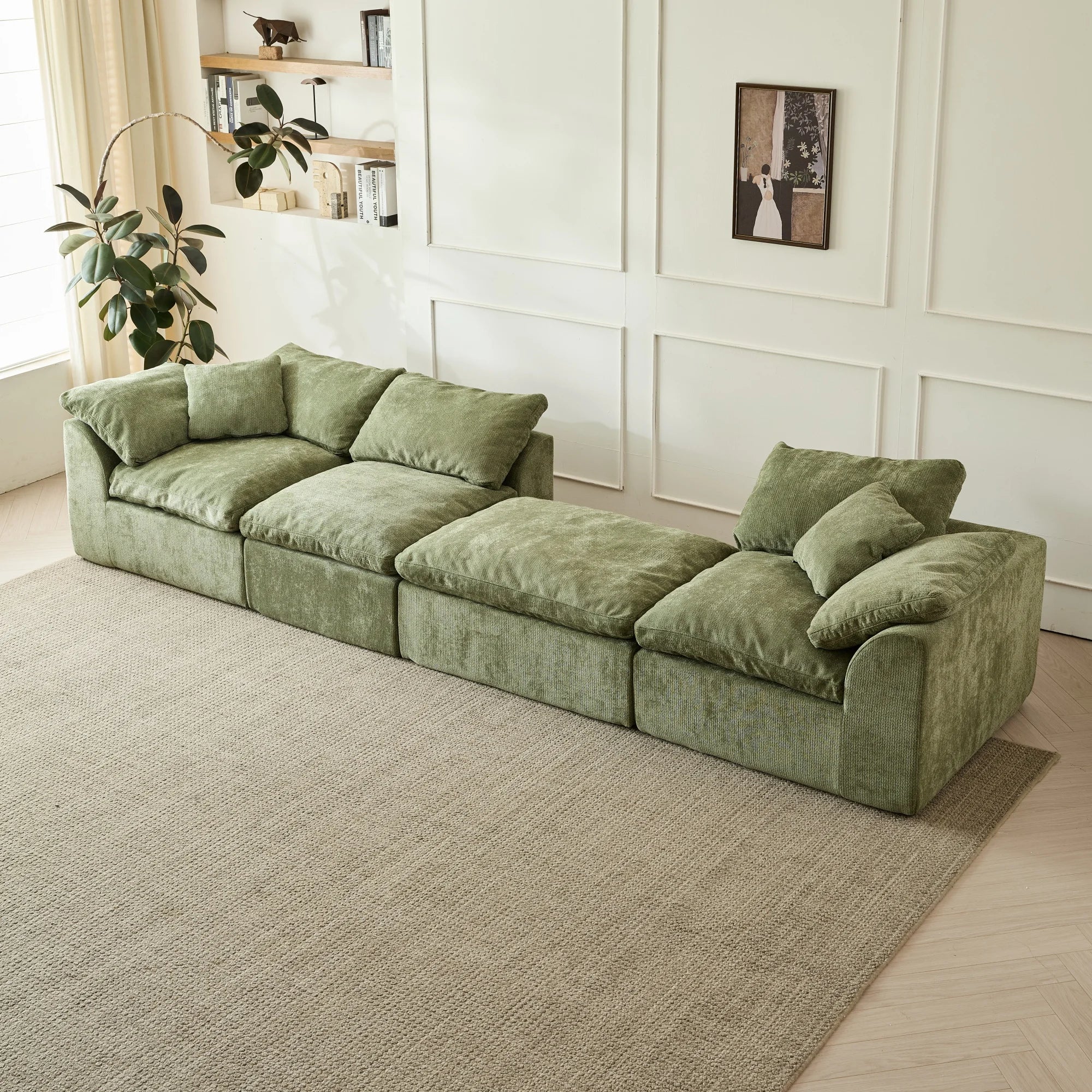 109" Modern Cloud L-Shaped 3-Seater Oversized Deep Seat Chenille Fabric Sofa Green Modular Sectional with Ottoman
