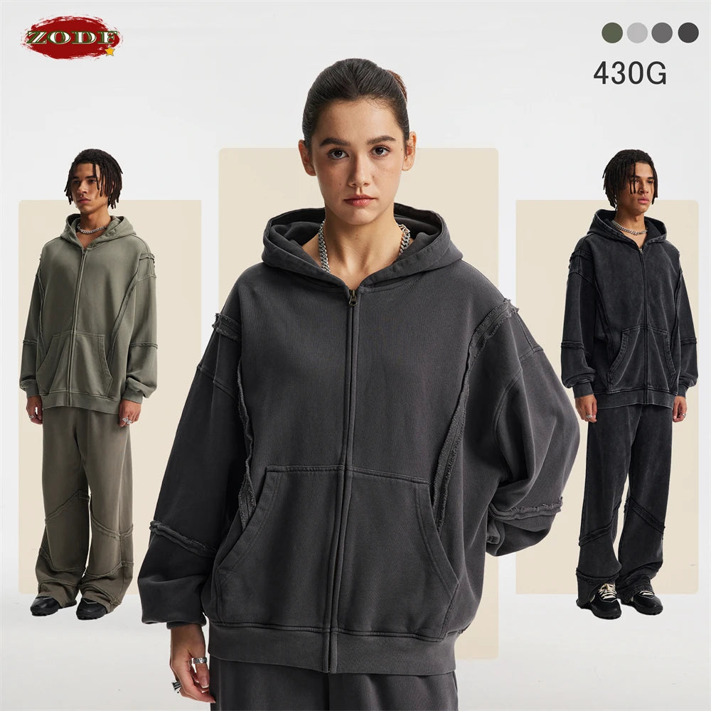 ZODF Retro Winter Man 430gsm Zipper Cotton Hoodies Unisex Heavy Weight Washed Loose Edge Zip-up Hooded Coats HY1125
